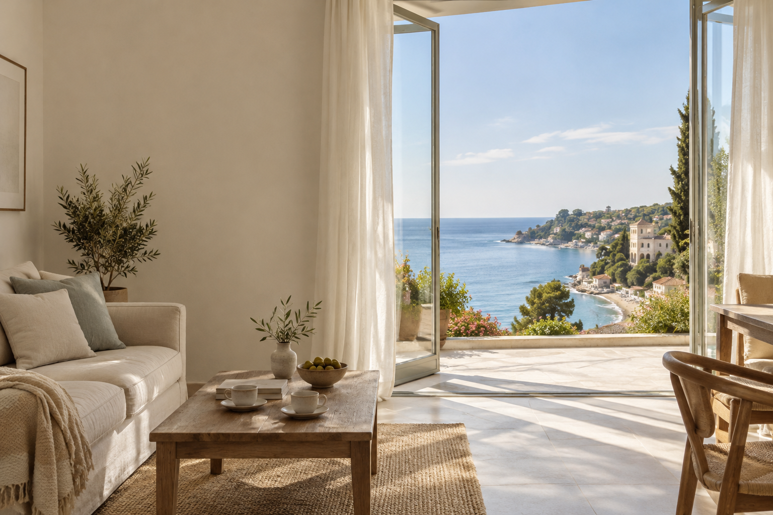A bright apartment interior open to a sea view
