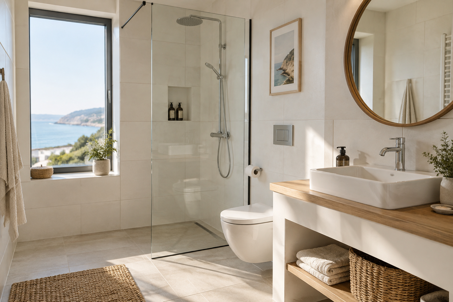 Bright modern bathroom with a walk-in shower