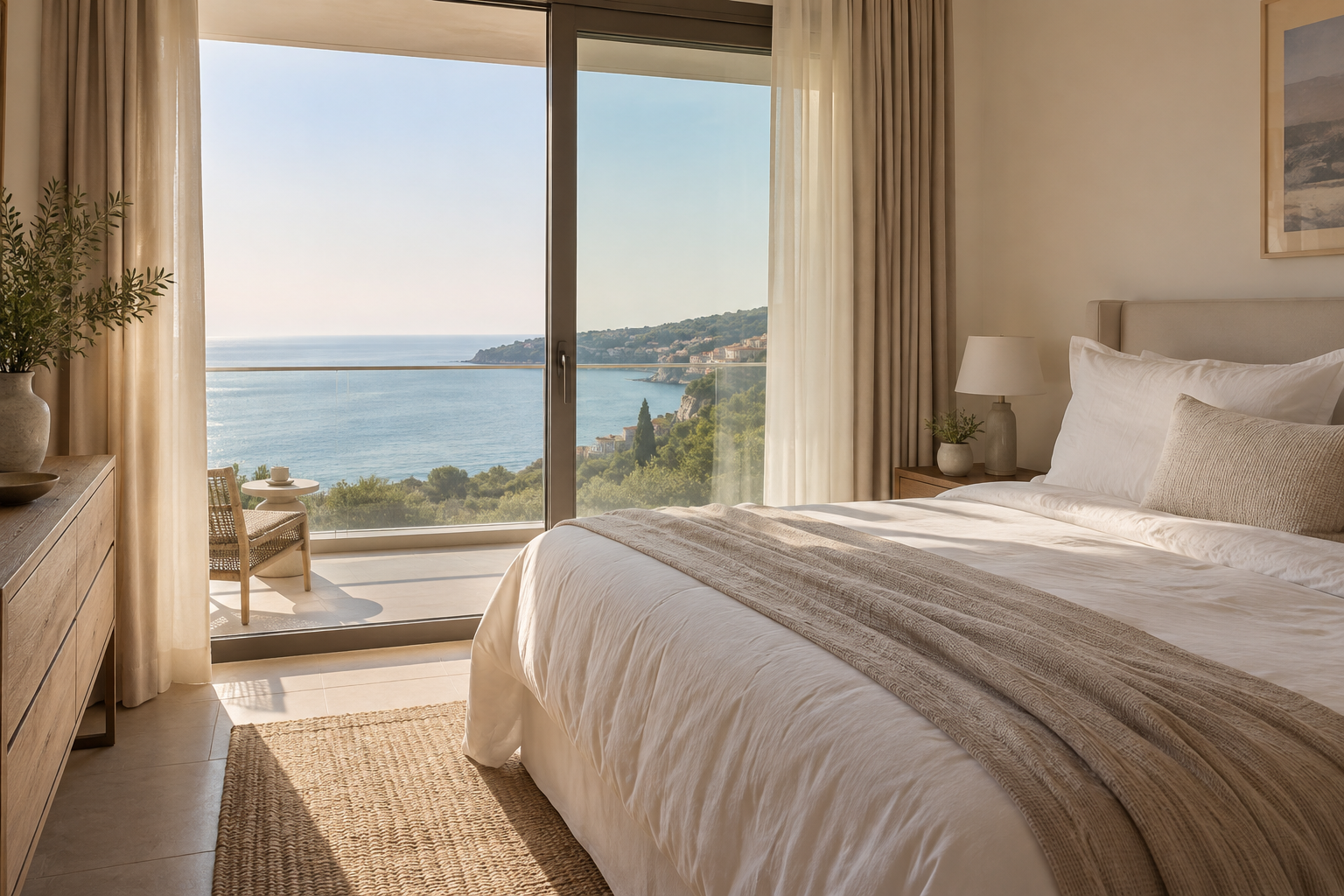 Bedroom with white linens and a sea view