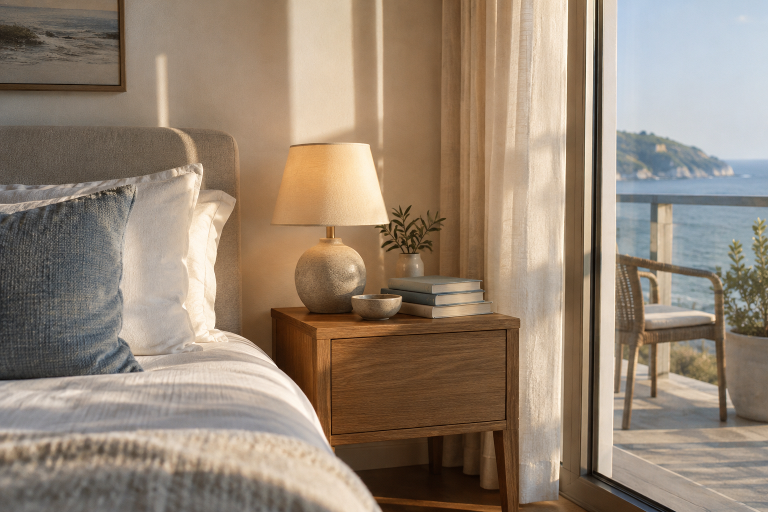 Bedside table with a lamp and books