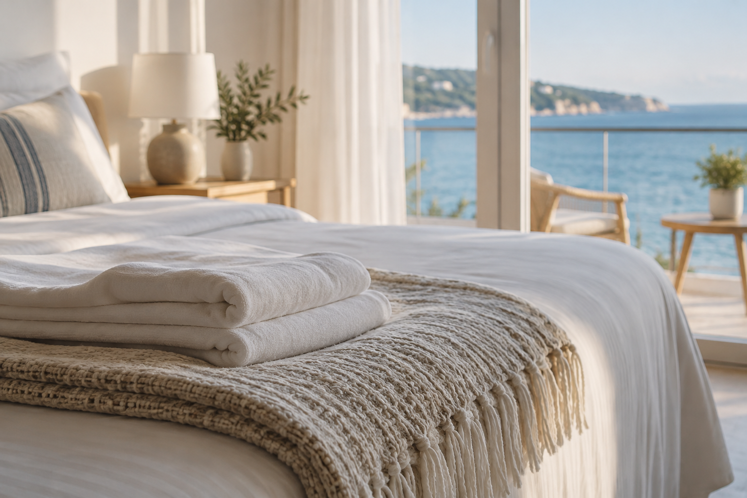 Folded linens and a throw at the foot of a bed
