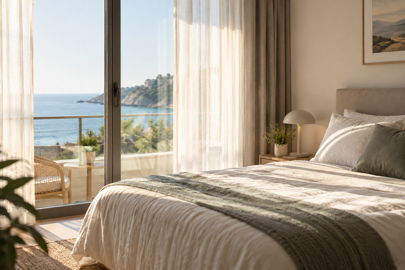Sheer curtains and morning light in a bedroom