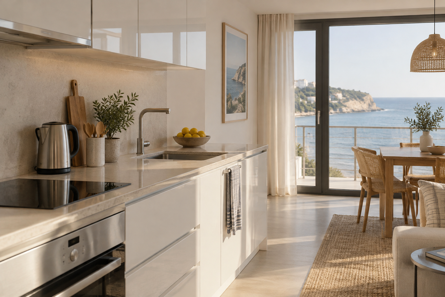 Compact modern kitchen with white cabinets
