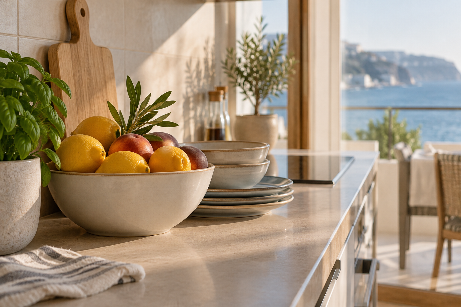 Kitchen counter with a fruit bowl and stacked dishes