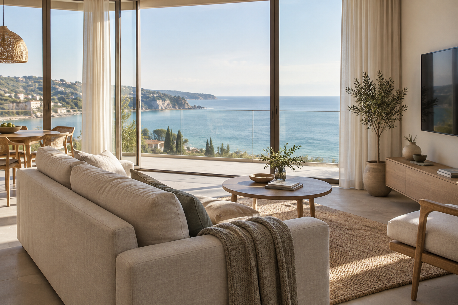 Living room sofa with a view out to the sea
