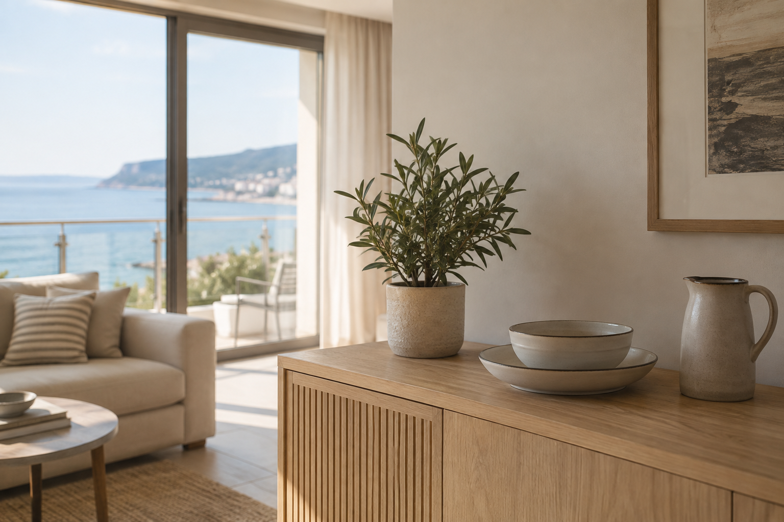 Ceramic tableware and a plant on a wooden sideboard