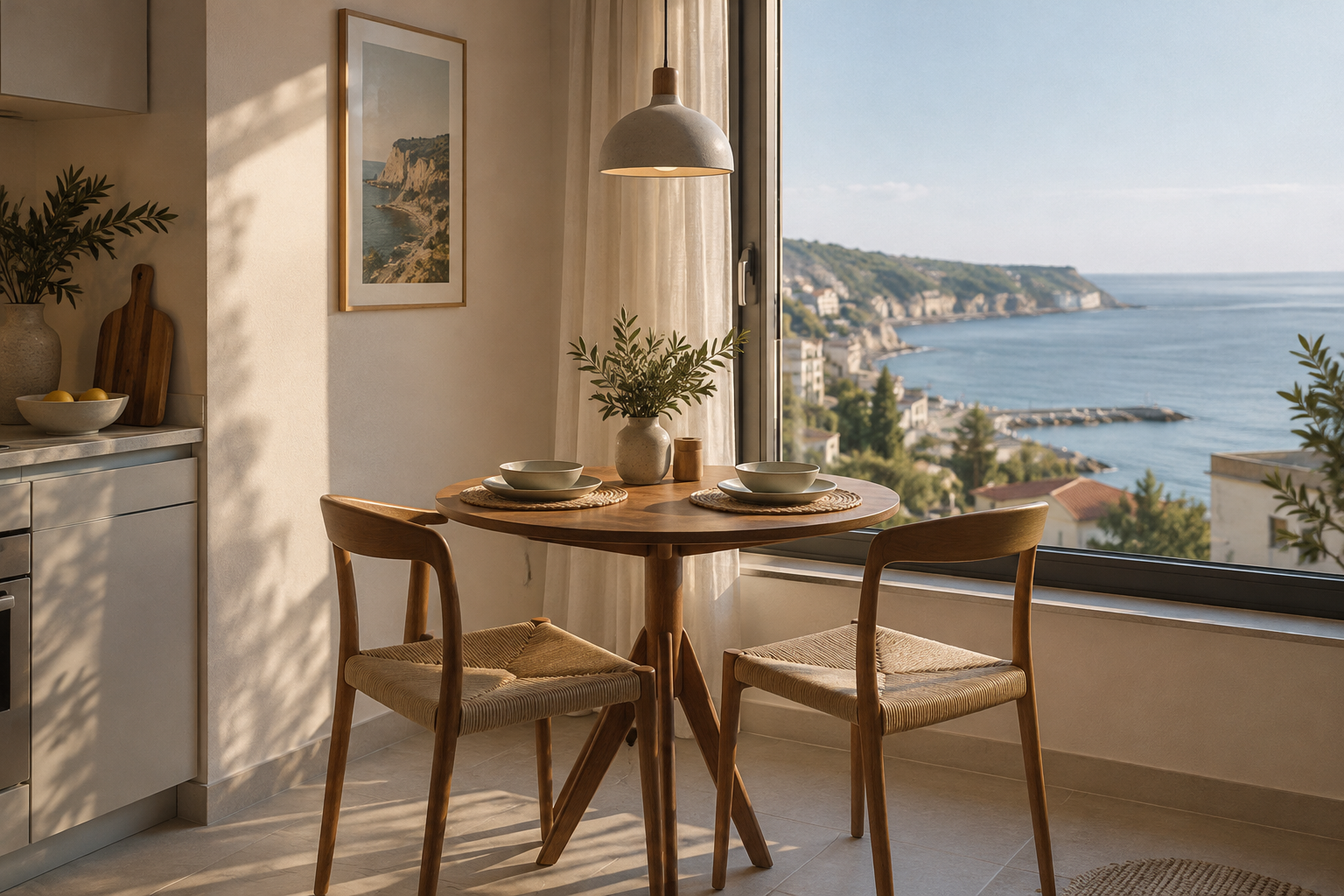 Small dining table beside a window
