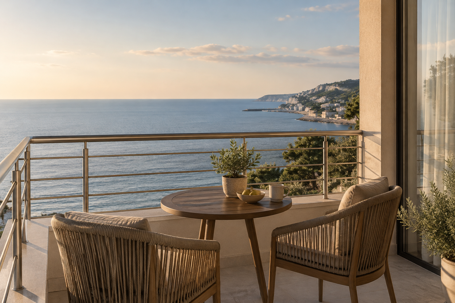 Seaside terrace with two chairs overlooking the sea