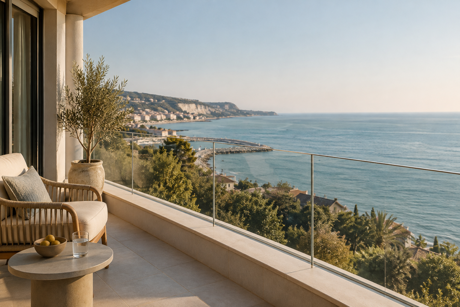 Terrace with a potted plant and a long sea view
