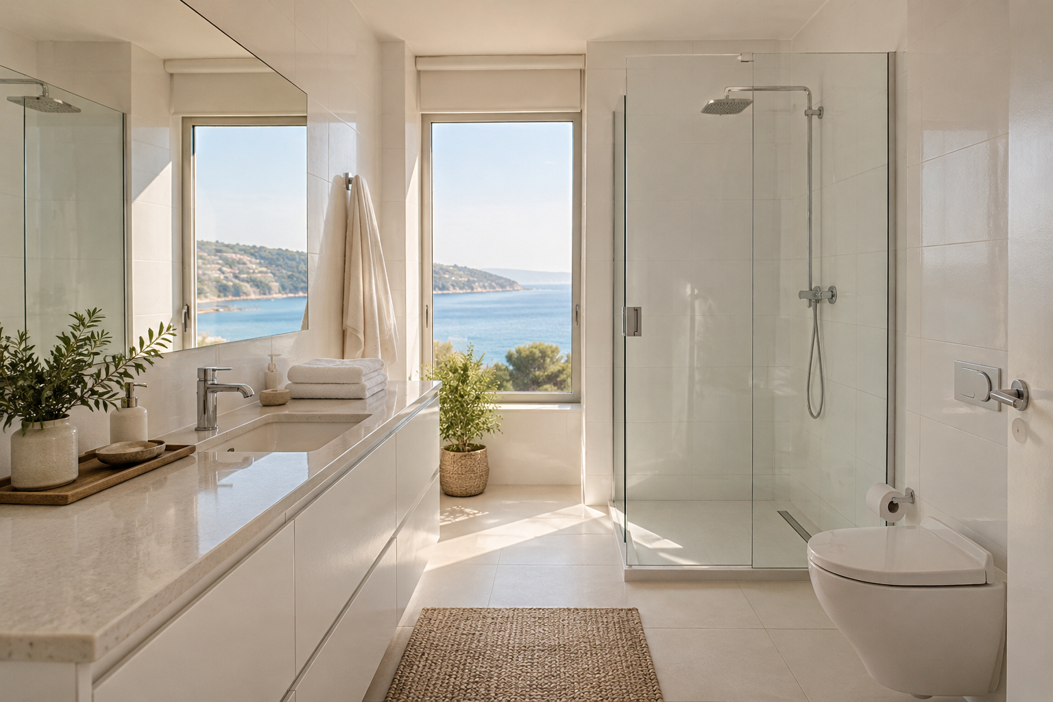 Bright spacious bathroom with a large mirror and shower