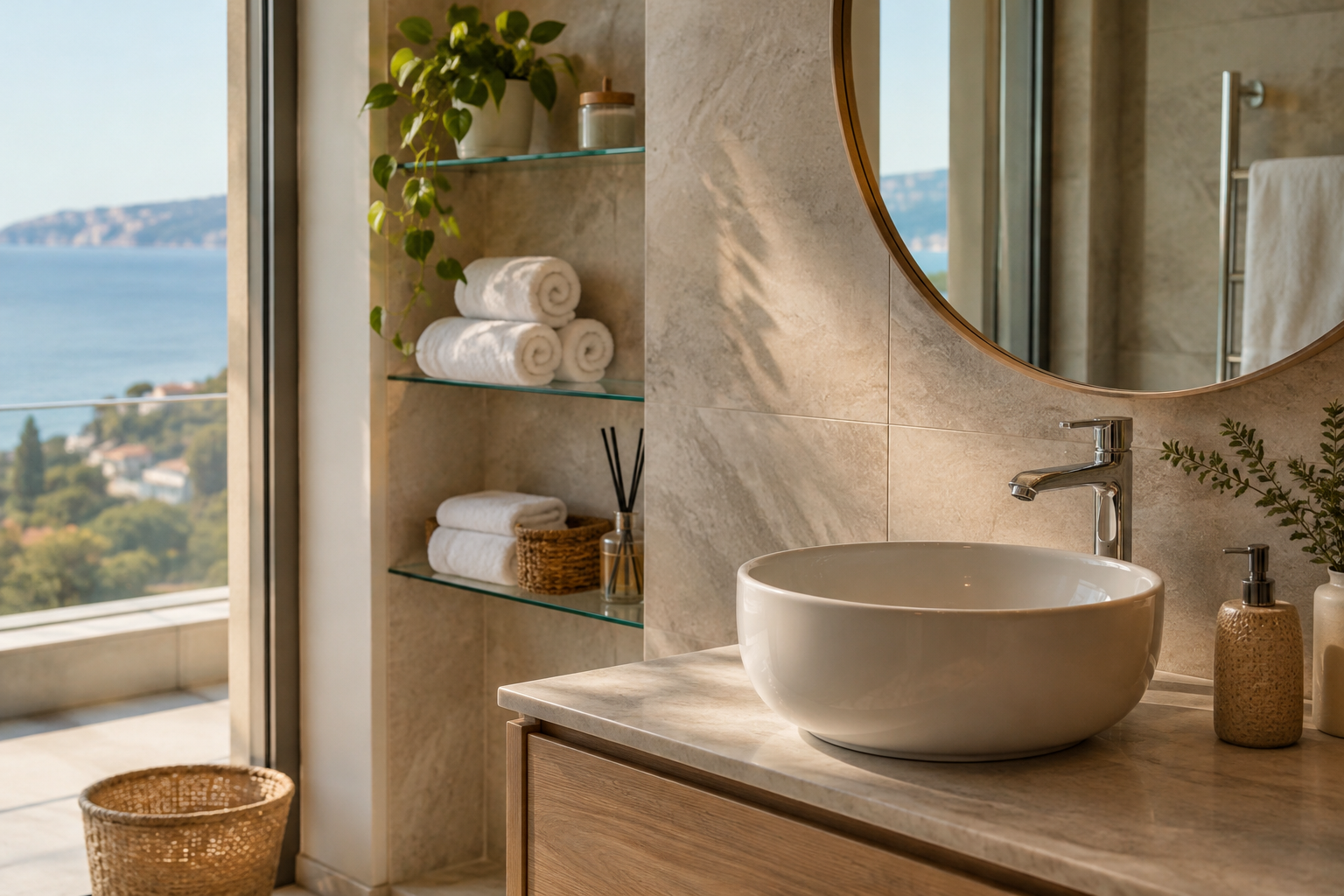 Rolled towels and a glass shelf by the bathroom vanity