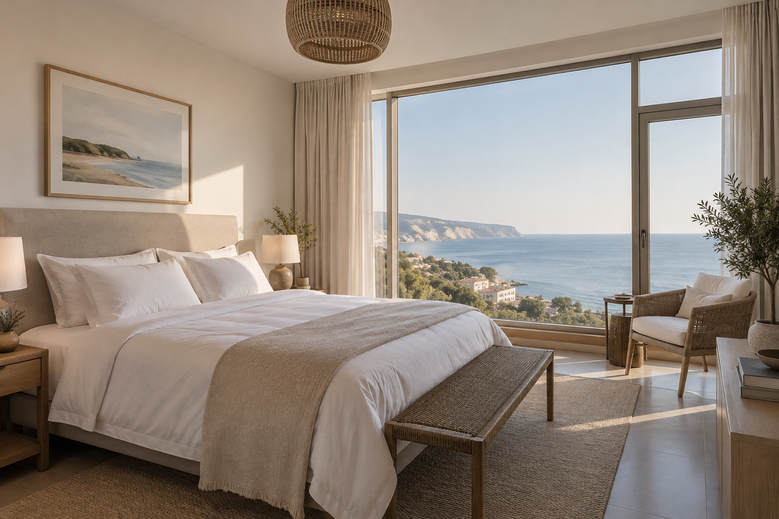 Large bedroom with crisp white linens and a sea view