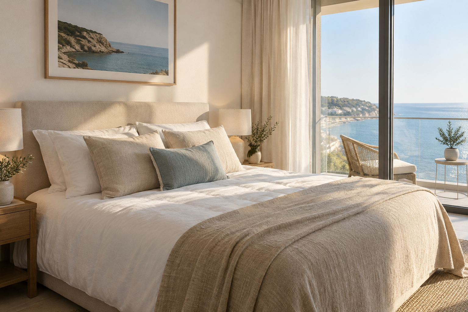 Plush bed with layered pillows in natural light
