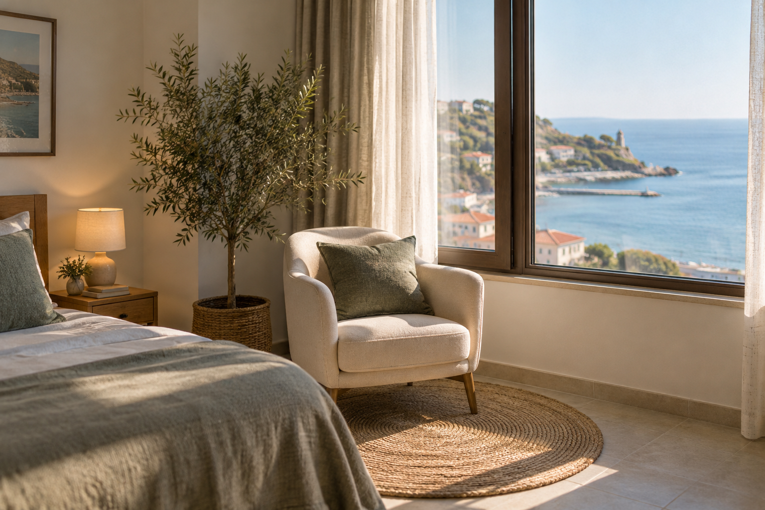 Bedroom nook with a chair and a plant near a window