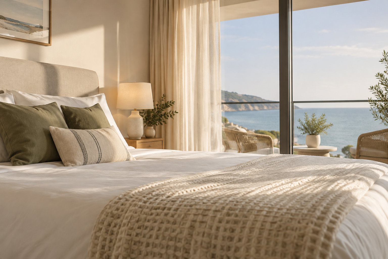 Neatly made bed with a soft throw at the foot
