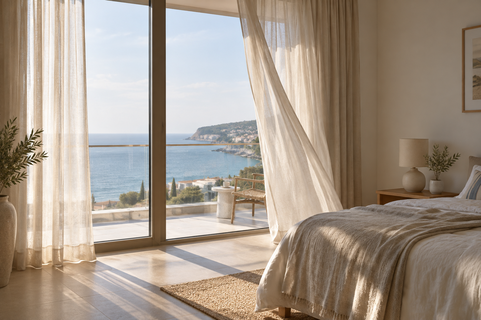 Sheer curtains and morning light in a bedroom