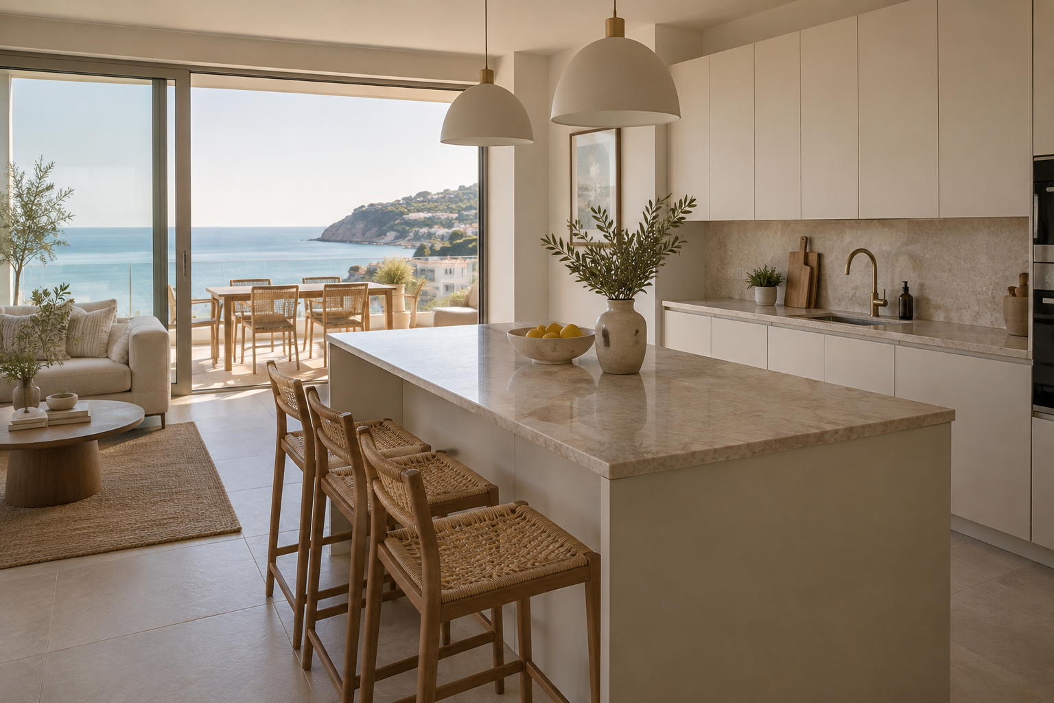 Generous modern kitchen with an island and stone worktops
