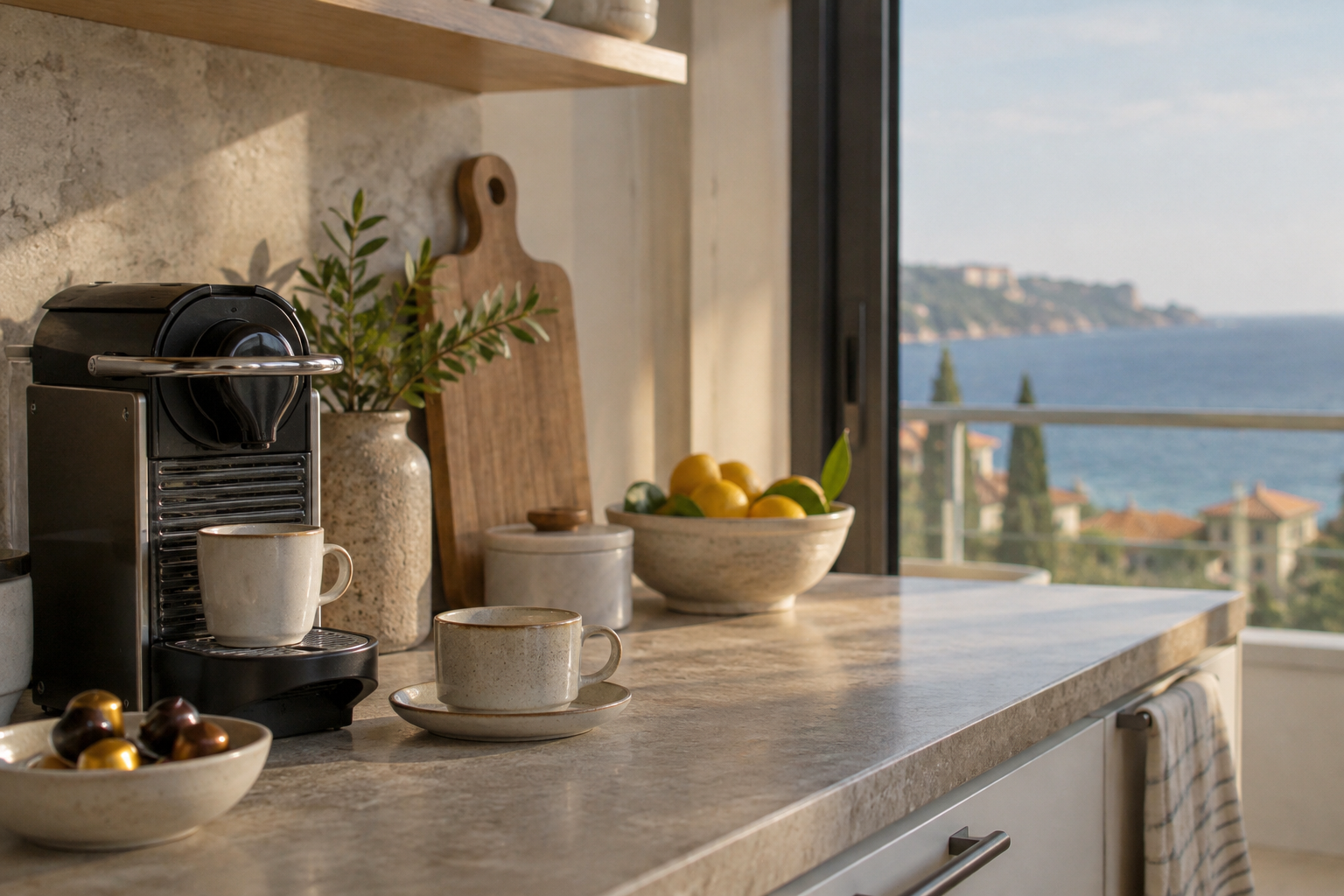 Stone countertop with a coffee machine and cups