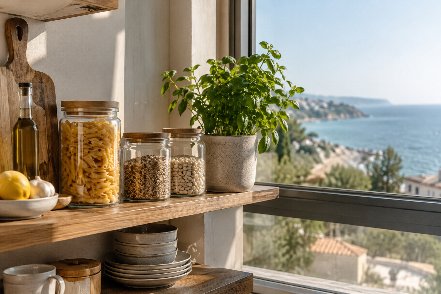 Kitchen window shelf with jars and a potted herb