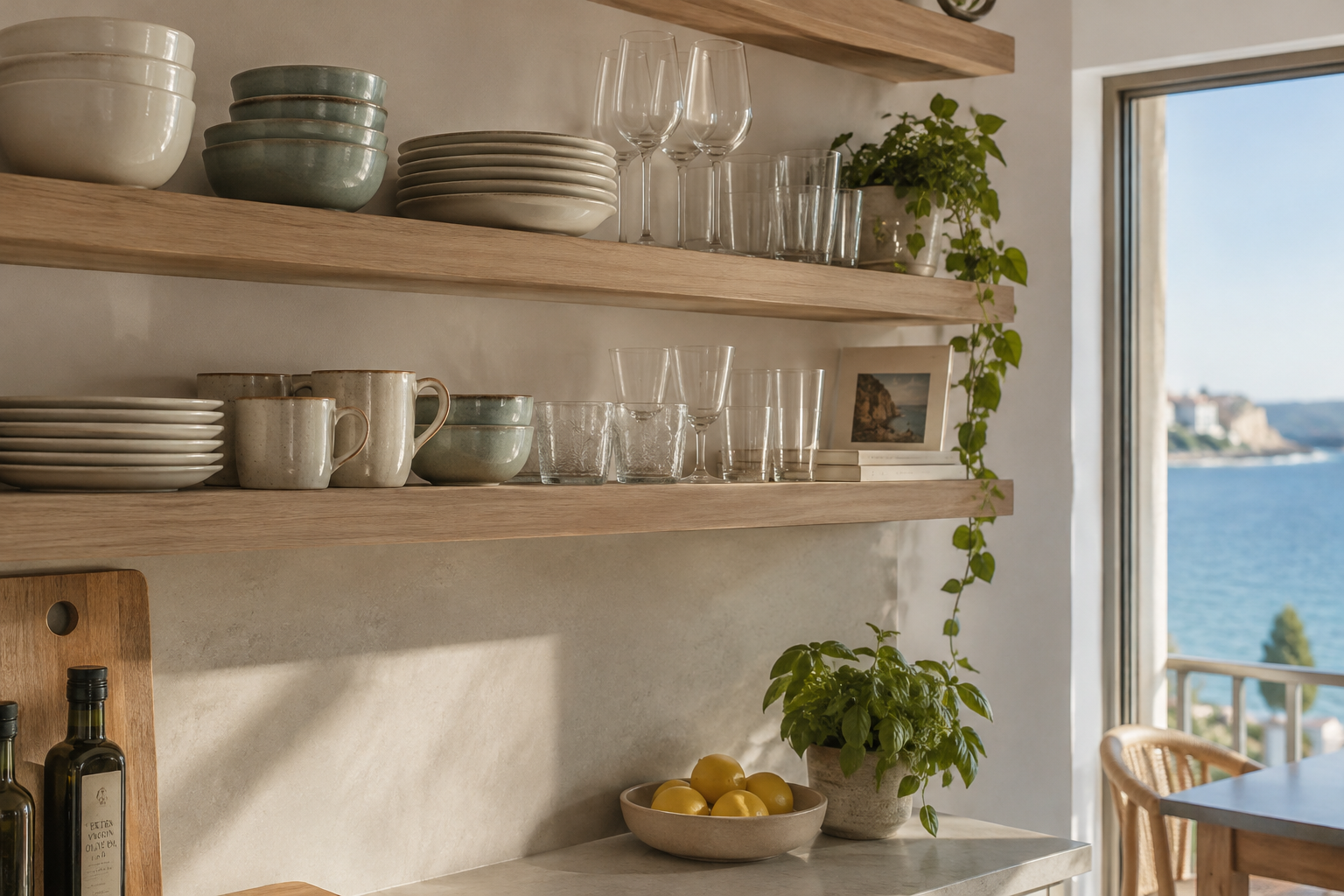 Neatly arranged open shelf of dishes and glasses