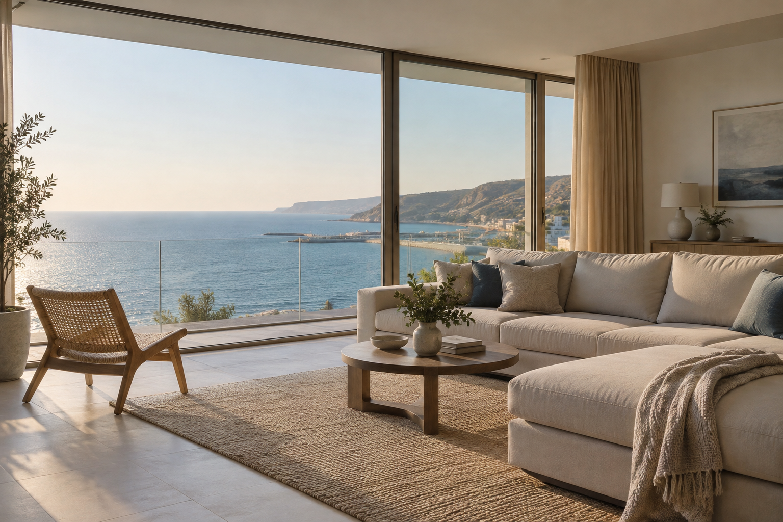 Spacious living room with a wide sofa and sea-view windows