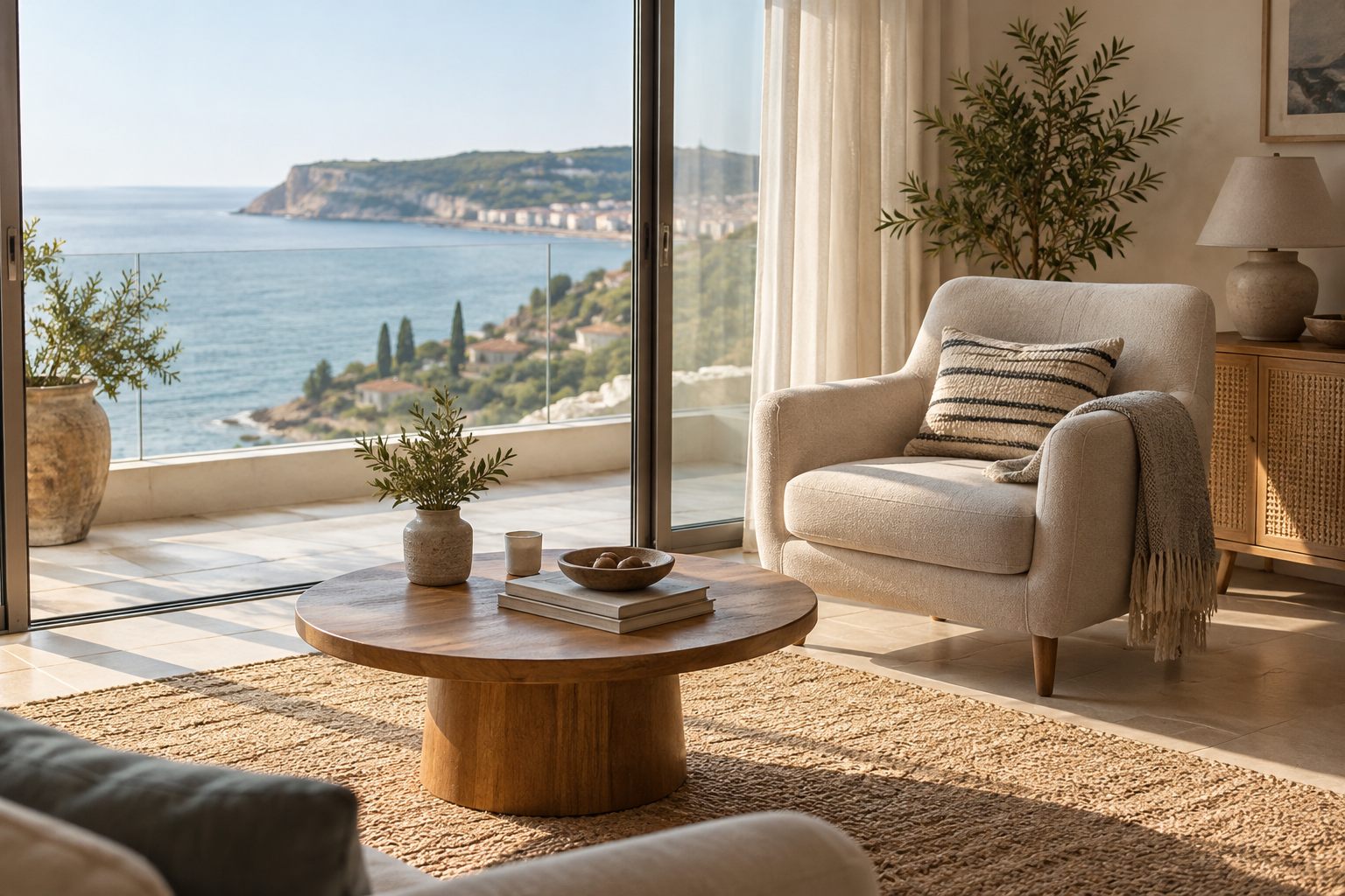 Lounge corner with a coffee table and soft rug