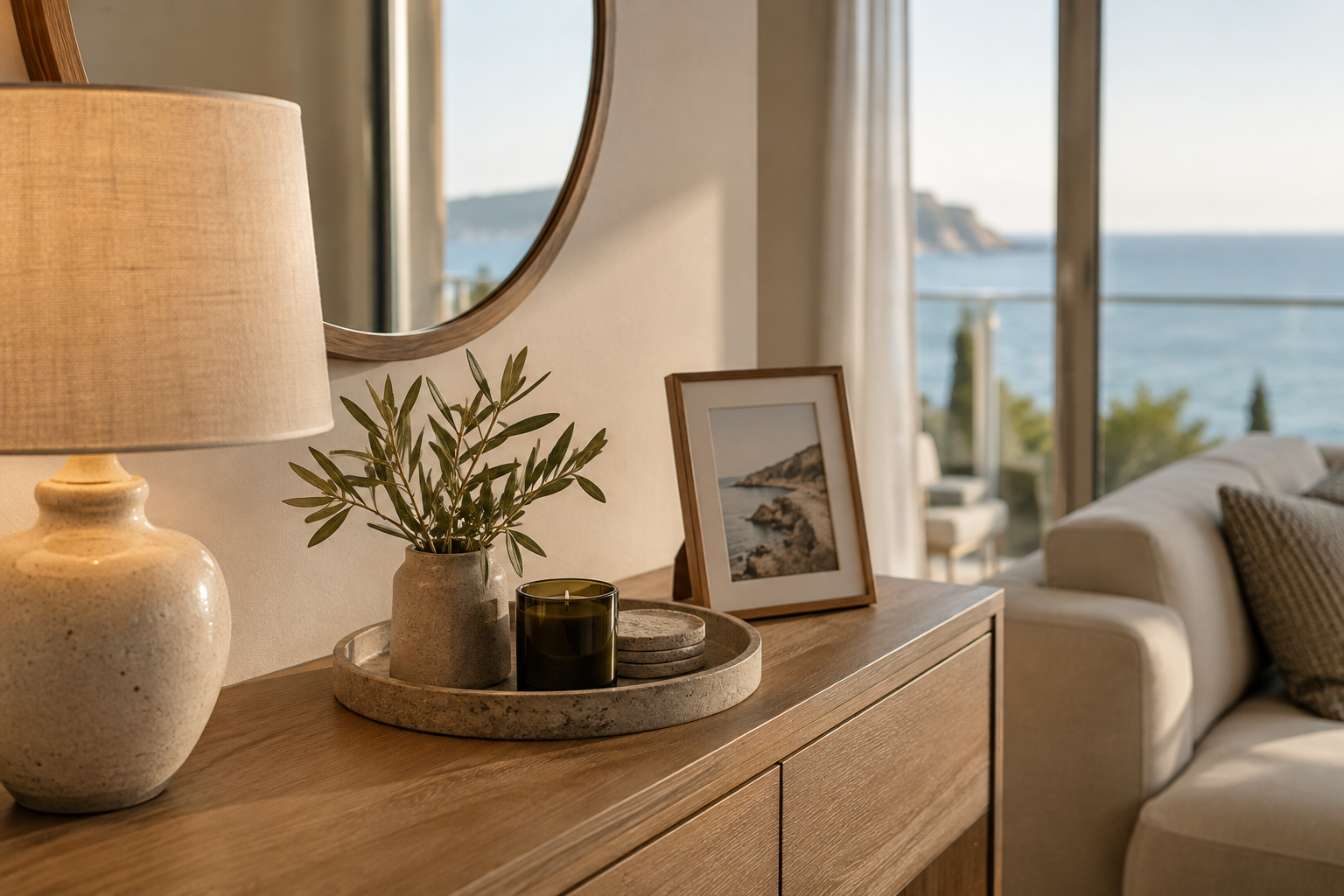 Console with a lamp and a framed photo in the living room
