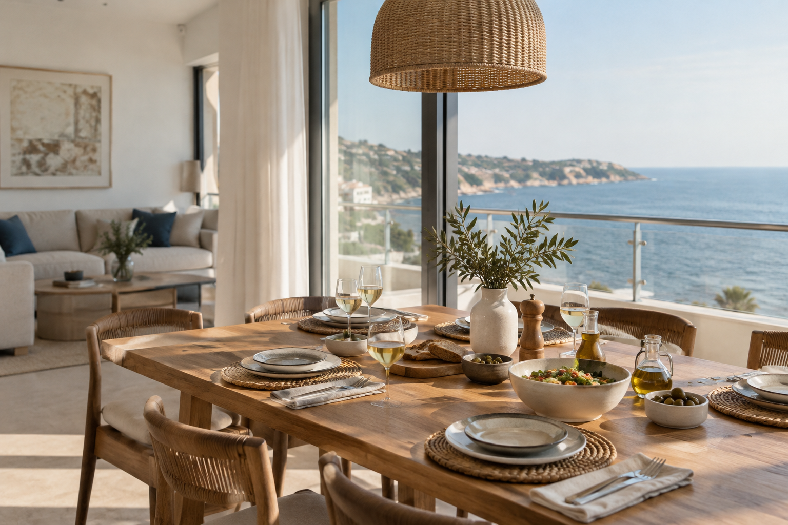 Open-plan dining table set by a window with a sea view