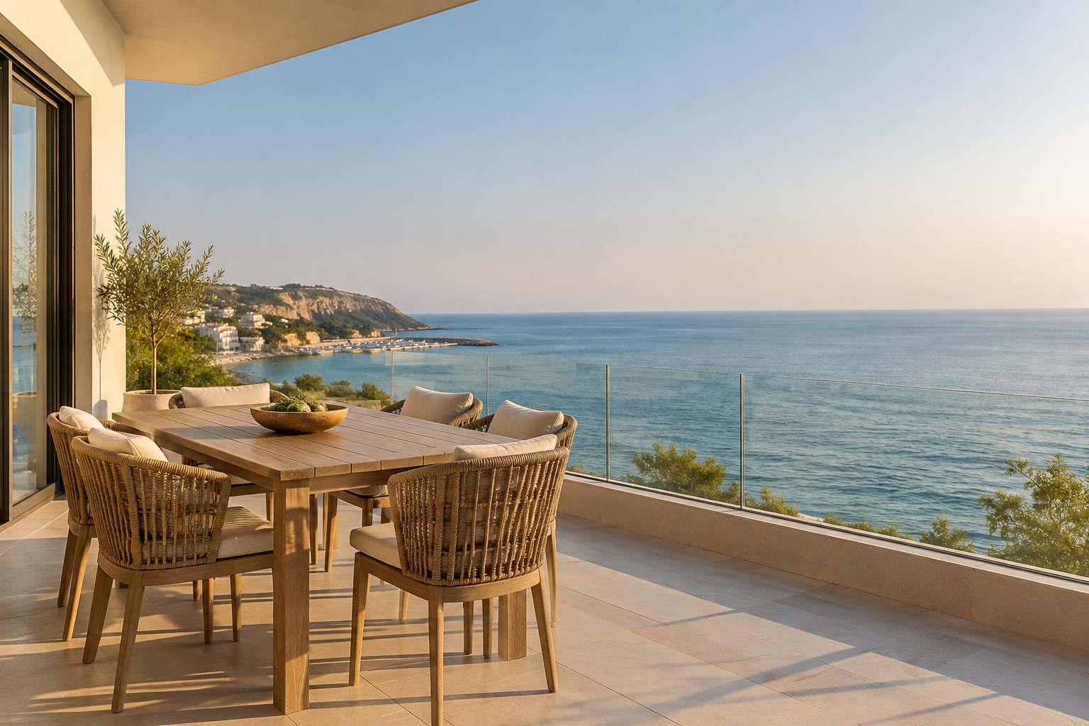 Wide terrace with a table and chairs over the sea