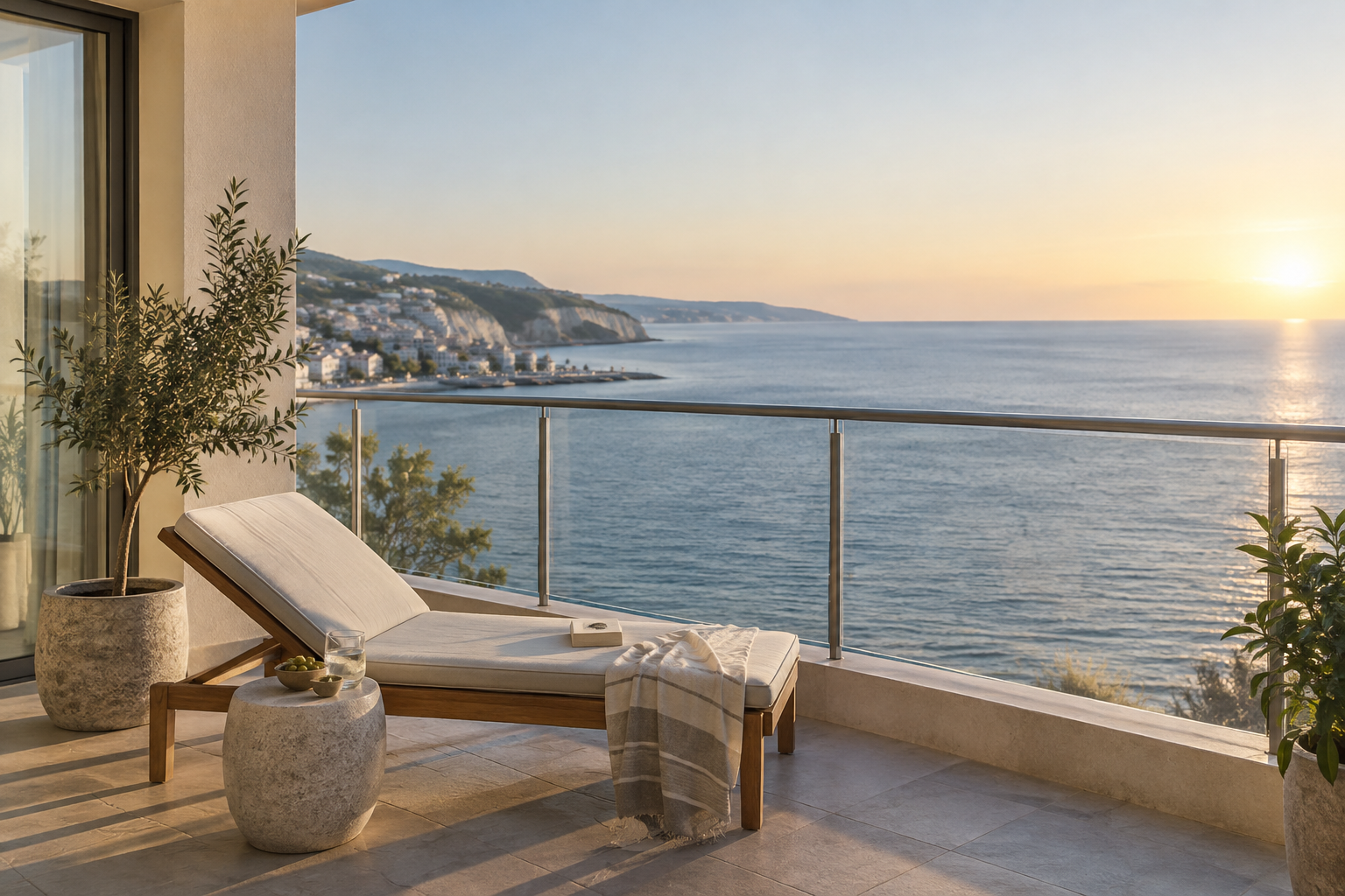 Terrace lounger with a railing over the open water